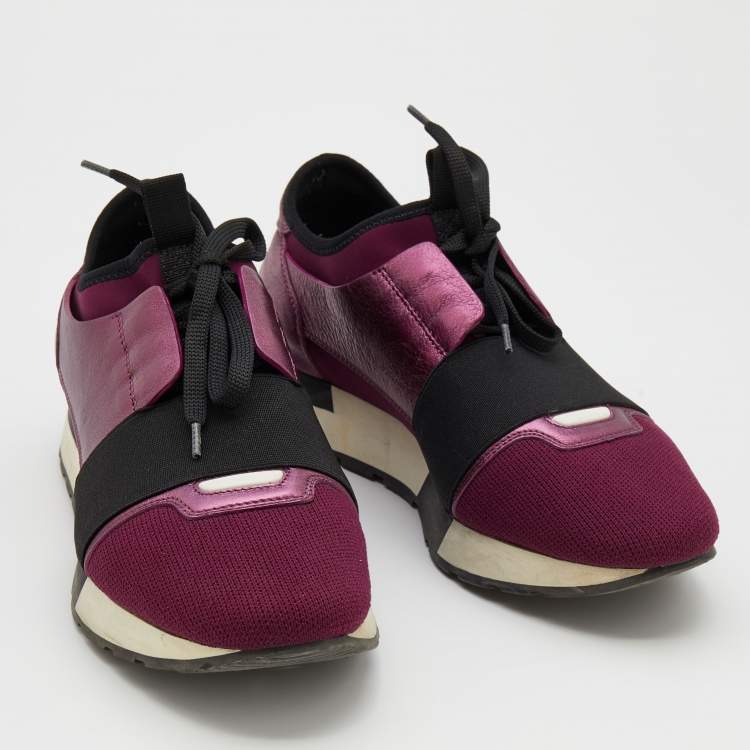 Pre Owned Balenciaga Metallic Burgundy Leather And Knit Fabric Race Runner Low Top Sneakers Size 38
