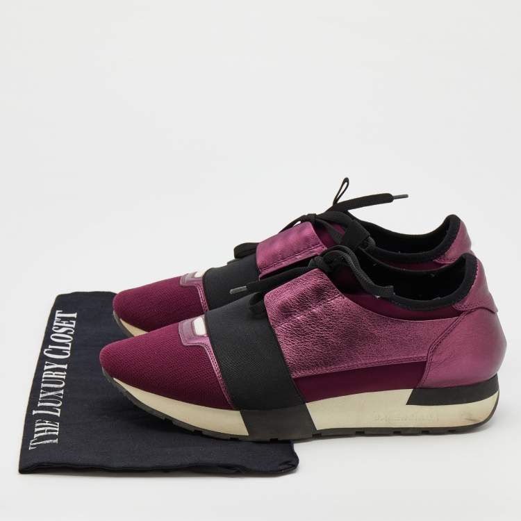 Pre Owned Balenciaga Metallic Burgundy Leather And Knit Fabric Race Runner Low Top Sneakers Size 38