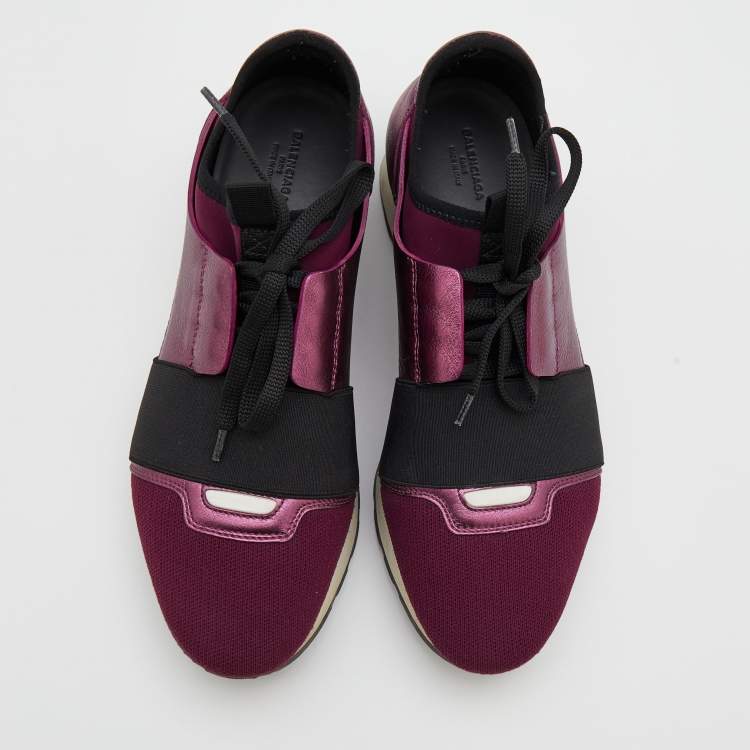 Pre Owned Balenciaga Metallic Burgundy Leather And Knit Fabric Race Runner Low Top Sneakers Size 38