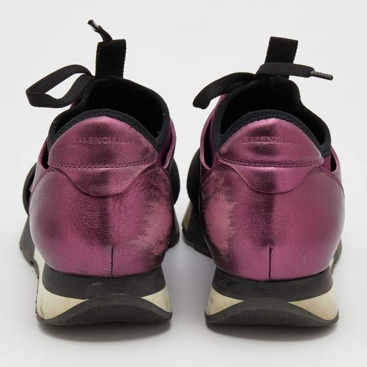 Pre Owned Balenciaga Metallic Burgundy Leather And Knit Fabric Race Runner Low Top Sneakers Size 38