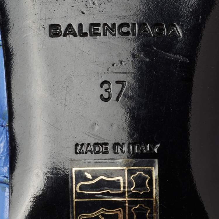 Pre Owned Balenciaga Blue Leather Arena Flat Slides Size 37
