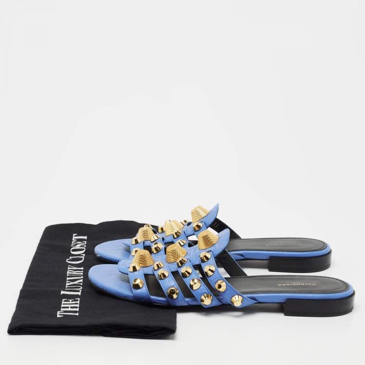 Pre Owned Balenciaga Blue Leather Arena Flat Slides Size 37