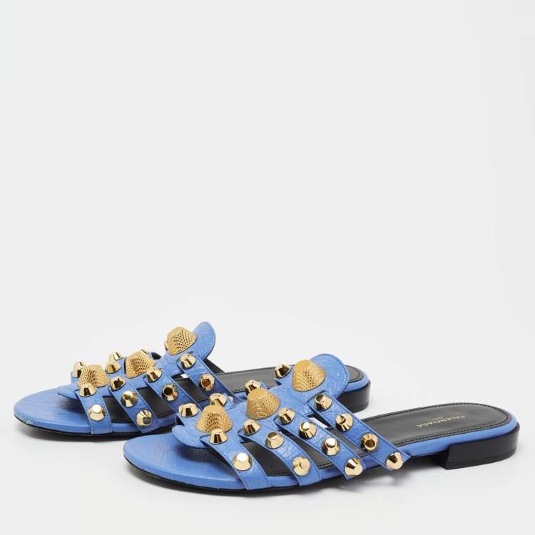 Pre Owned Balenciaga Blue Leather Arena Flat Slides Size 37