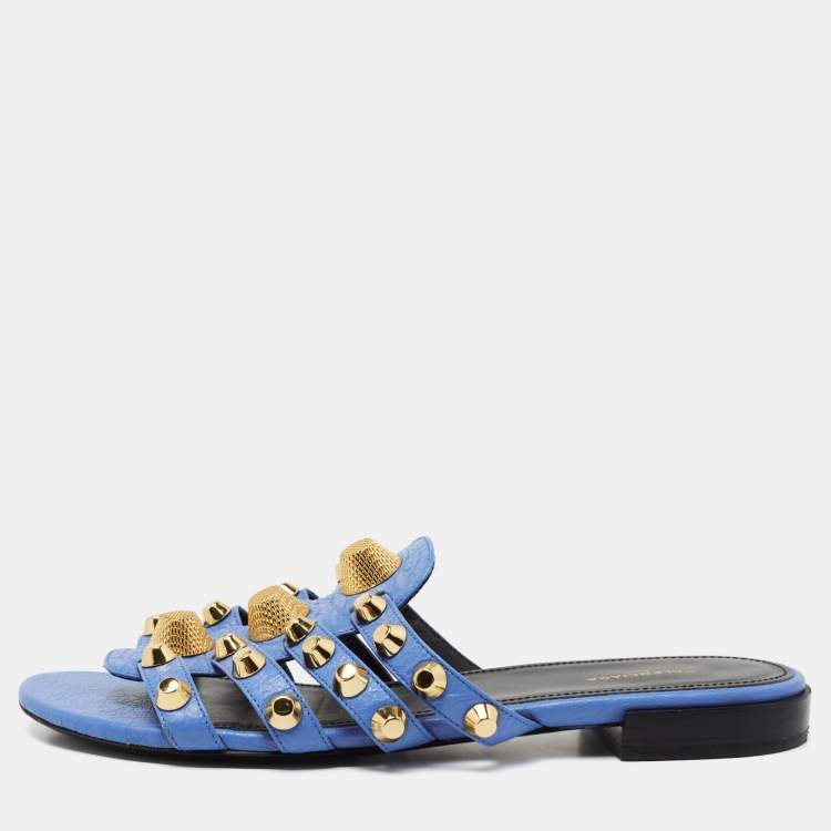 Pre Owned Balenciaga Blue Leather Arena Flat Slides Size 37