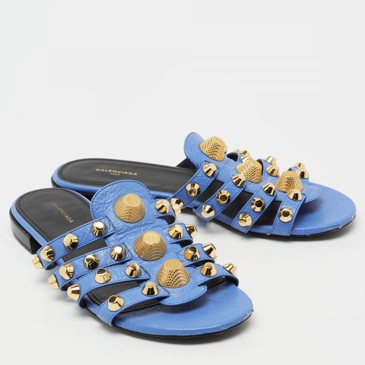 Pre Owned Balenciaga Blue Leather Arena Flat Slides Size 37