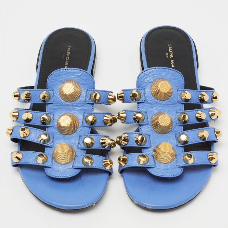 Pre Owned Balenciaga Blue Leather Arena Flat Slides Size 37
