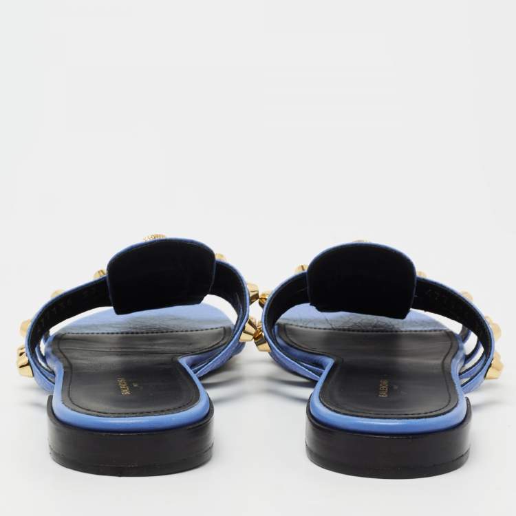 Pre Owned Balenciaga Blue Leather Arena Flat Slides Size 37