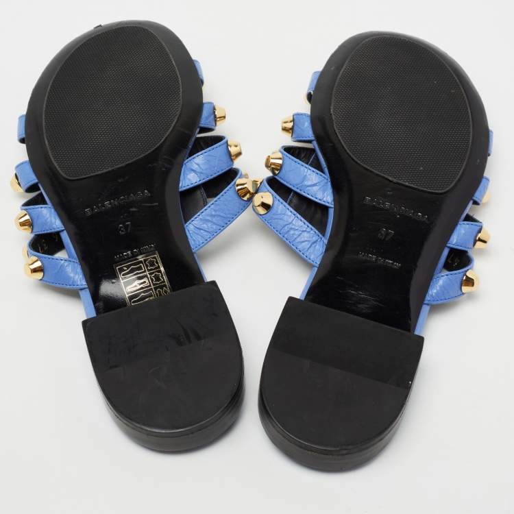 Pre Owned Balenciaga Blue Leather Arena Flat Slides Size 37