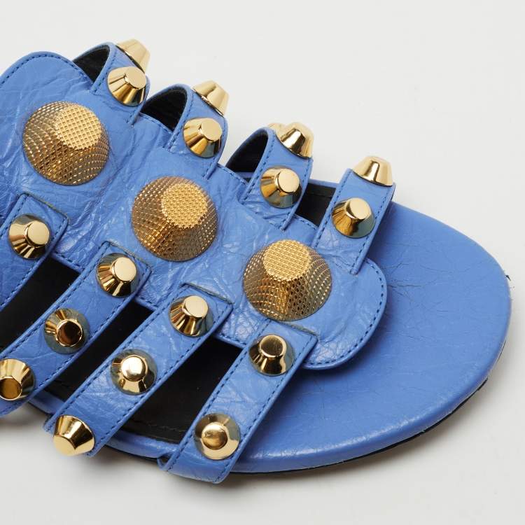 Pre Owned Balenciaga Blue Leather Arena Flat Slides Size 37