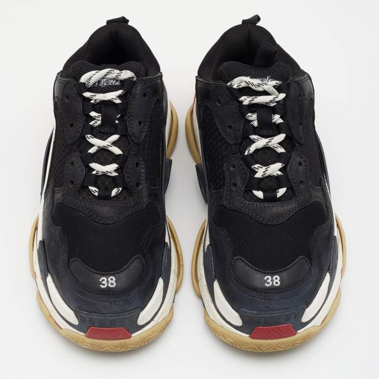 Pre Owned Balenciaga Black Leather And Mesh Triple S Sneakers Size 38