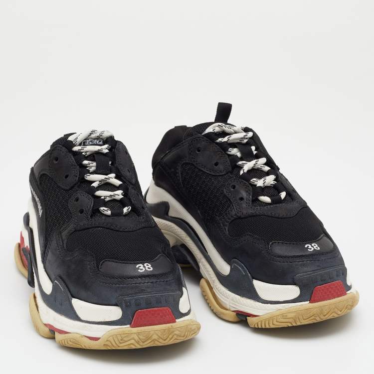 Pre Owned Balenciaga Black Leather And Mesh Triple S Sneakers Size 38