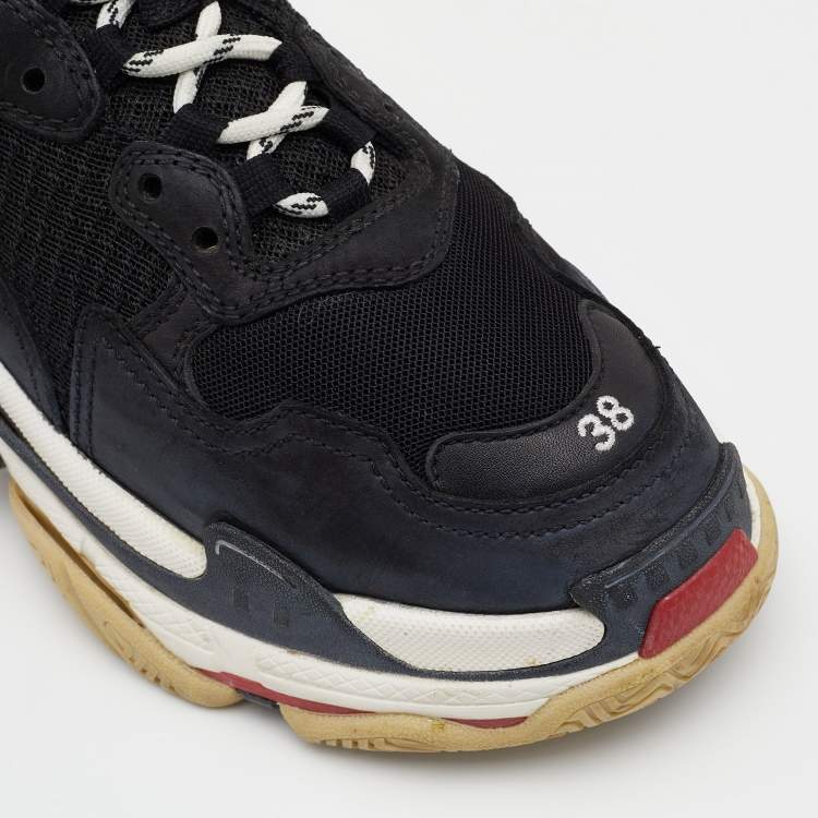 Pre Owned Balenciaga Black Leather And Mesh Triple S Sneakers Size 38