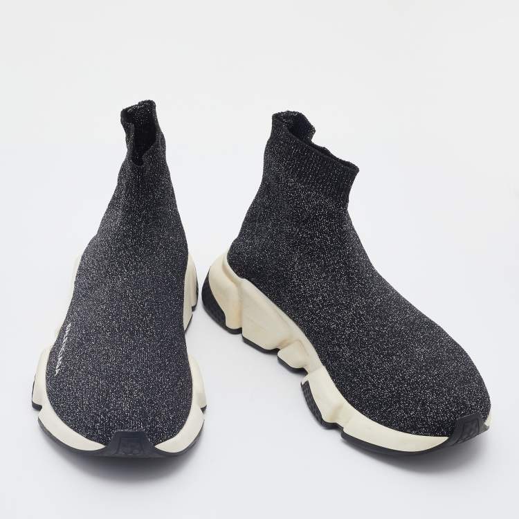 Pre Owned Balenciaga Grey/Silver Glitter Knit Fabric Speed Trainer High-Top Sneakers Size 38