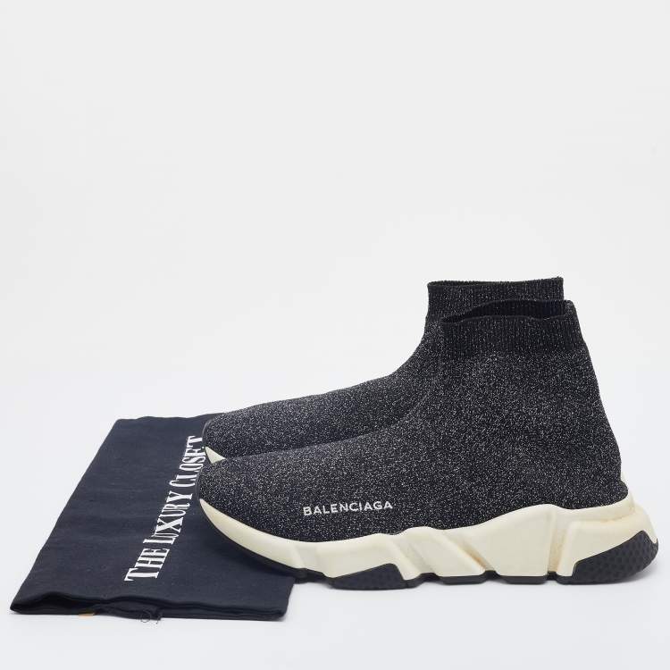Pre Owned Balenciaga Grey/Silver Glitter Knit Fabric Speed Trainer High-Top Sneakers Size 38