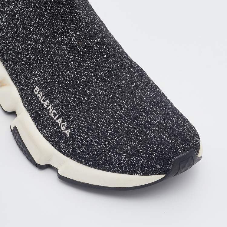 Pre Owned Balenciaga Grey/Silver Glitter Knit Fabric Speed Trainer High-Top Sneakers Size 38