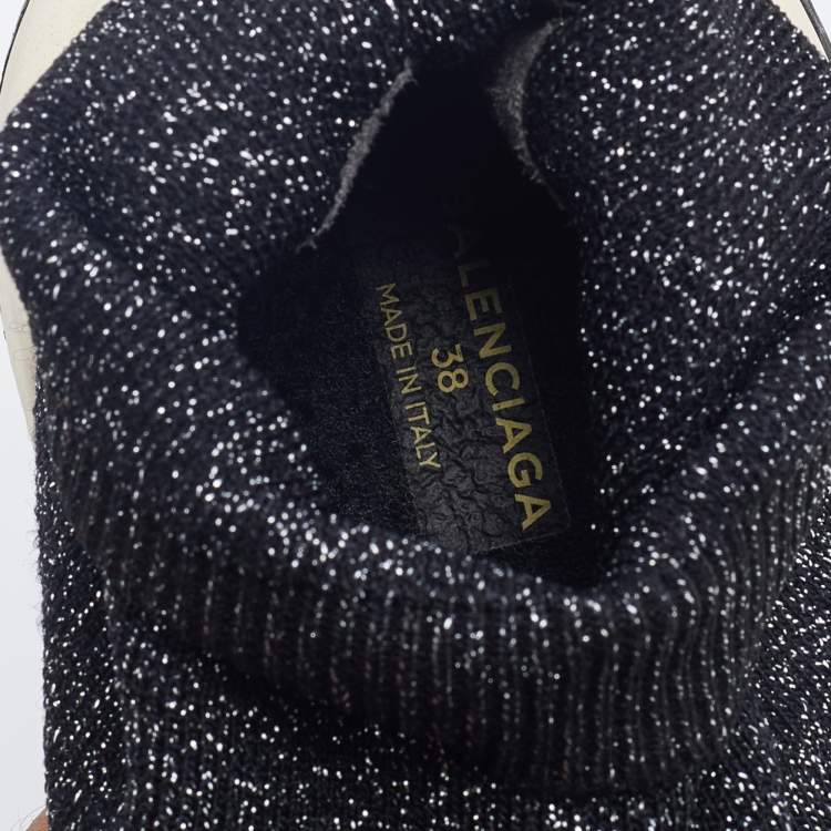 Pre Owned Balenciaga Grey/Silver Glitter Knit Fabric Speed Trainer High-Top Sneakers Size 38