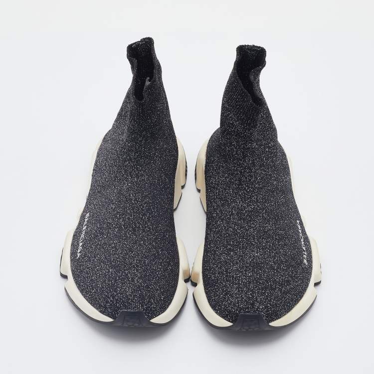 Pre Owned Balenciaga Grey/Silver Glitter Knit Fabric Speed Trainer High-Top Sneakers Size 38