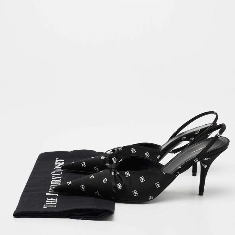 مملوكة مسبقًا Balenciaga Black BB Logo Satin Knife Slingback Pumps Size 38