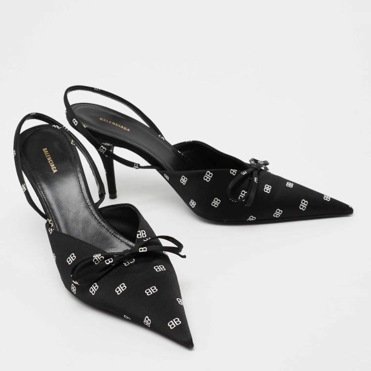 مملوكة مسبقًا Balenciaga Black BB Logo Satin Knife Slingback Pumps Size 38