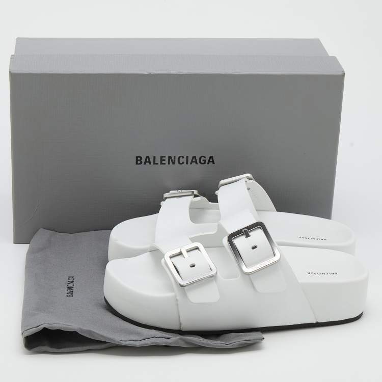 Pre Owned Balenciaga White Leather Buckle Platform Slide Size 39