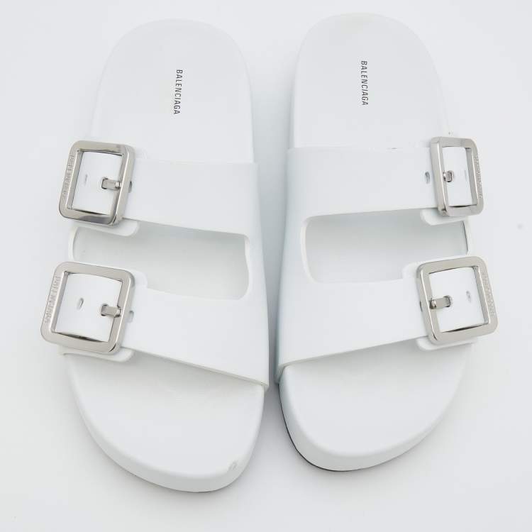 Pre Owned Balenciaga White Leather Buckle Platform Slide Size 39