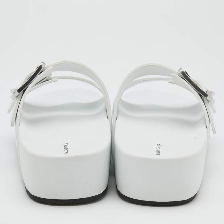 Pre Owned Balenciaga White Leather Buckle Platform Slide Size 39
