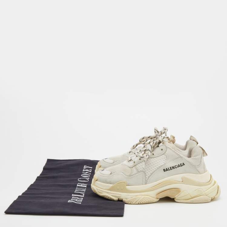 Pre Owned Balenciaga Off White/Cream Mesh And Leather Triple S Lace Up  Sneakers Size 39