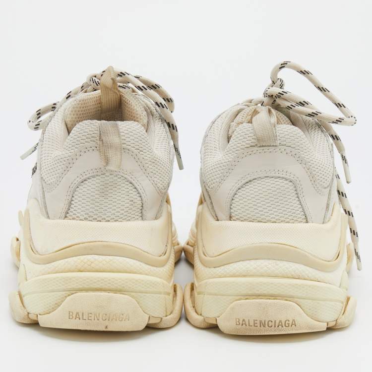 Pre Owned Balenciaga Off White/Cream Mesh And Leather Triple S Lace Up  Sneakers Size 39