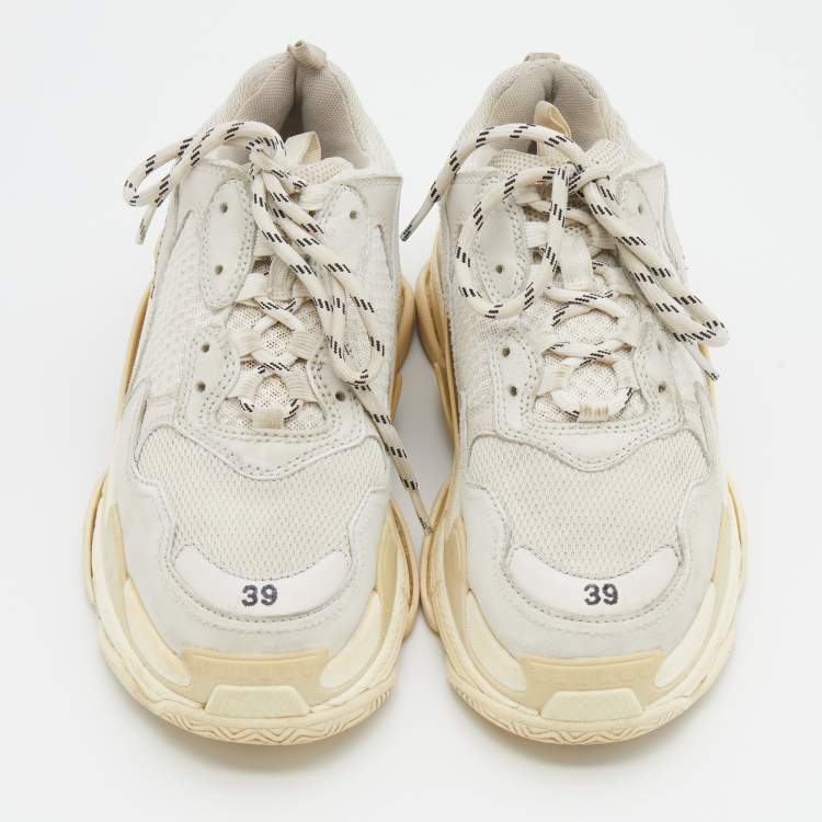 Pre Owned Balenciaga Off White/Cream Mesh And Leather Triple S Lace Up  Sneakers Size 39