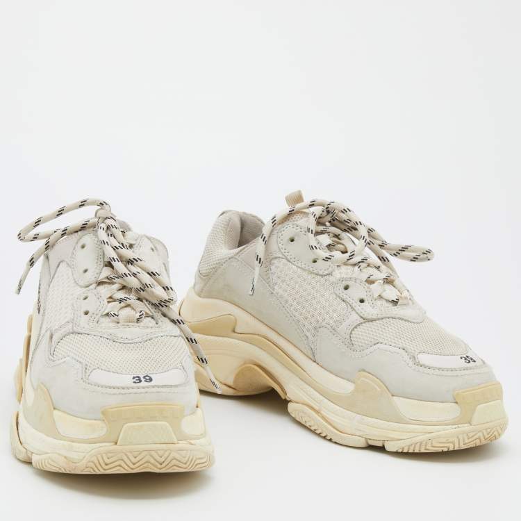 Pre Owned Balenciaga Off White/Cream Mesh And Leather Triple S Lace Up  Sneakers Size 39