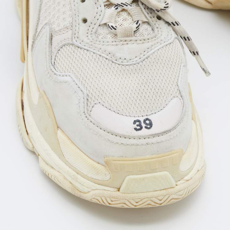 Pre Owned Balenciaga Off White/Cream Mesh And Leather Triple S Lace Up  Sneakers Size 39