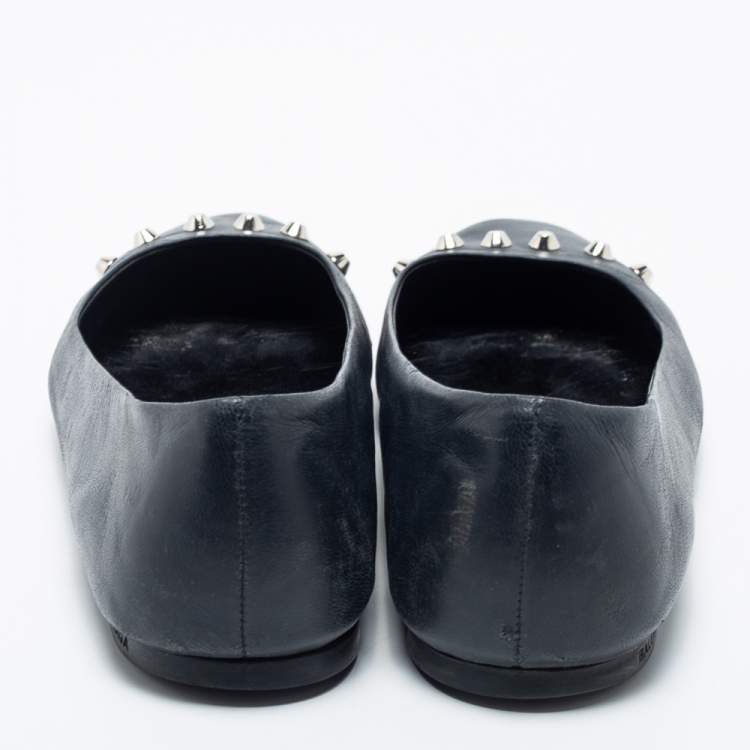 Pre Owned Balenciaga Navy Blue Leather Studded Ballet Flats Size 40