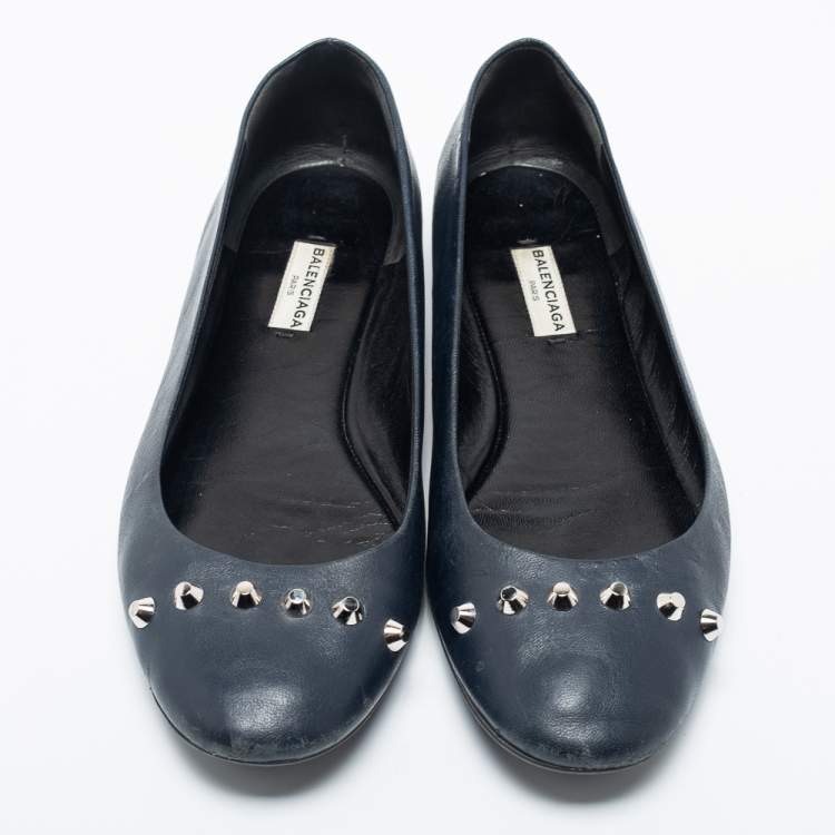 Pre Owned Balenciaga Navy Blue Leather Studded Ballet Flats Size 40