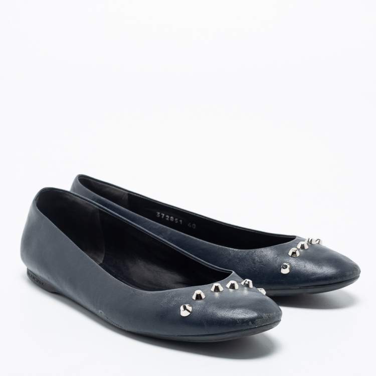 Pre Owned Balenciaga Navy Blue Leather Studded Ballet Flats Size 40