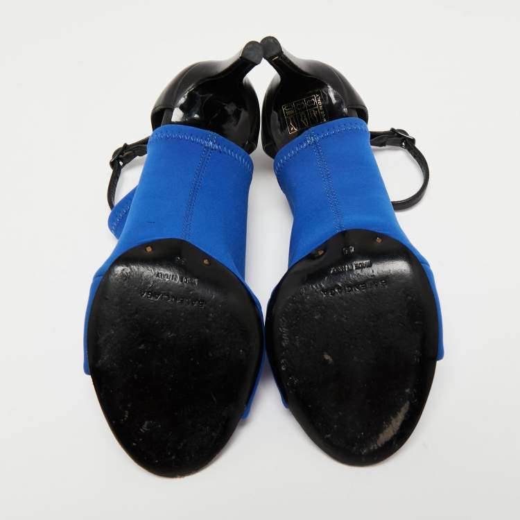 Pre Owned Balenciaga Electric Blue/Black Neoprene and Leather Glove Ankle Strap Sandals Size 36