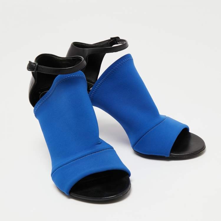 Pre Owned Balenciaga Electric Blue/Black Neoprene and Leather Glove Ankle Strap Sandals Size 36
