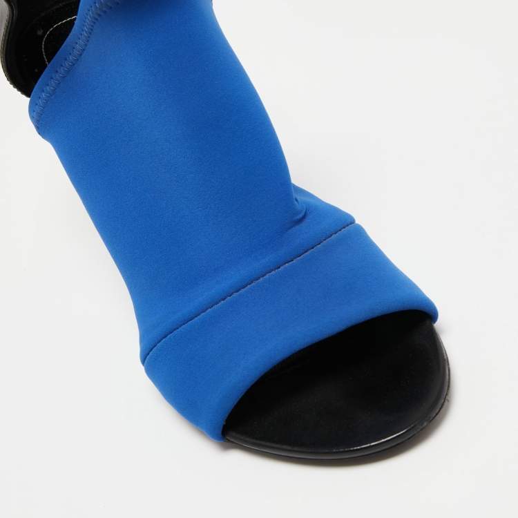Pre Owned Balenciaga Electric Blue/Black Neoprene and Leather Glove Ankle Strap Sandals Size 36
