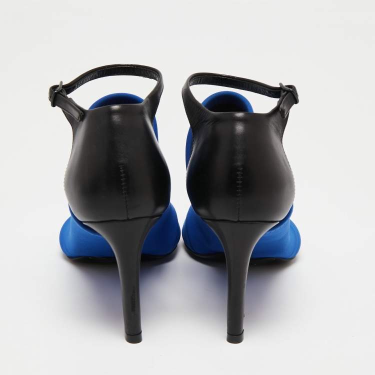 Pre Owned Balenciaga Electric Blue/Black Neoprene and Leather Glove Ankle Strap Sandals Size 36