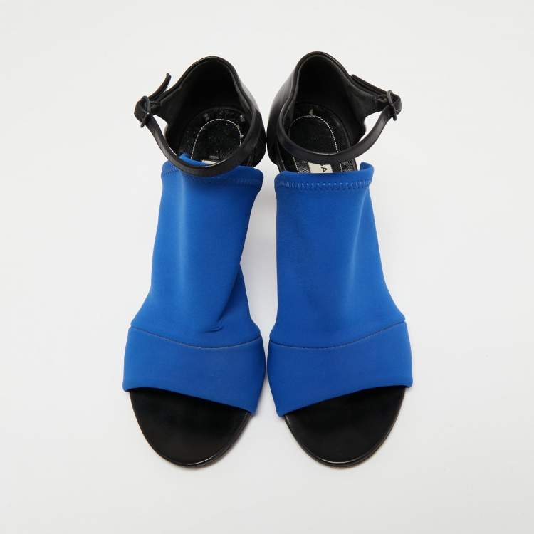 Pre Owned Balenciaga Electric Blue/Black Neoprene and Leather Glove Ankle Strap Sandals Size 36
