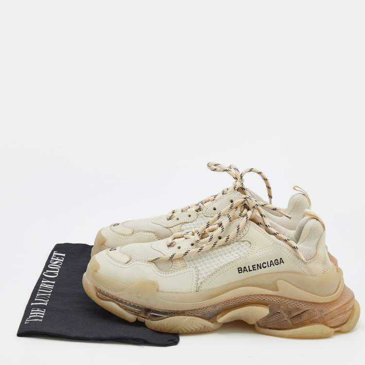 Pre Owned Balenciaga Beige Leather And Mesh Triple S Clear Sole Lace Up Sneakers Size 40