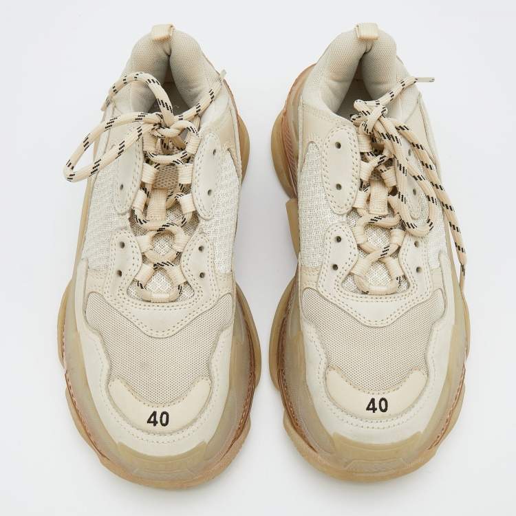 Pre Owned Balenciaga Beige Leather And Mesh Triple S Clear Sole Lace Up Sneakers Size 40