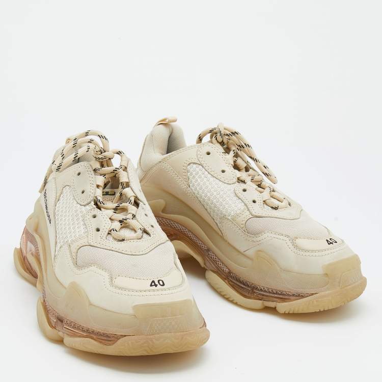 Pre Owned Balenciaga Beige Leather And Mesh Triple S Clear Sole Lace Up Sneakers Size 40