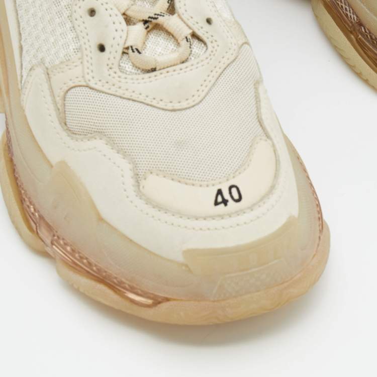 Pre Owned Balenciaga Beige Leather And Mesh Triple S Clear Sole Lace Up Sneakers Size 40
