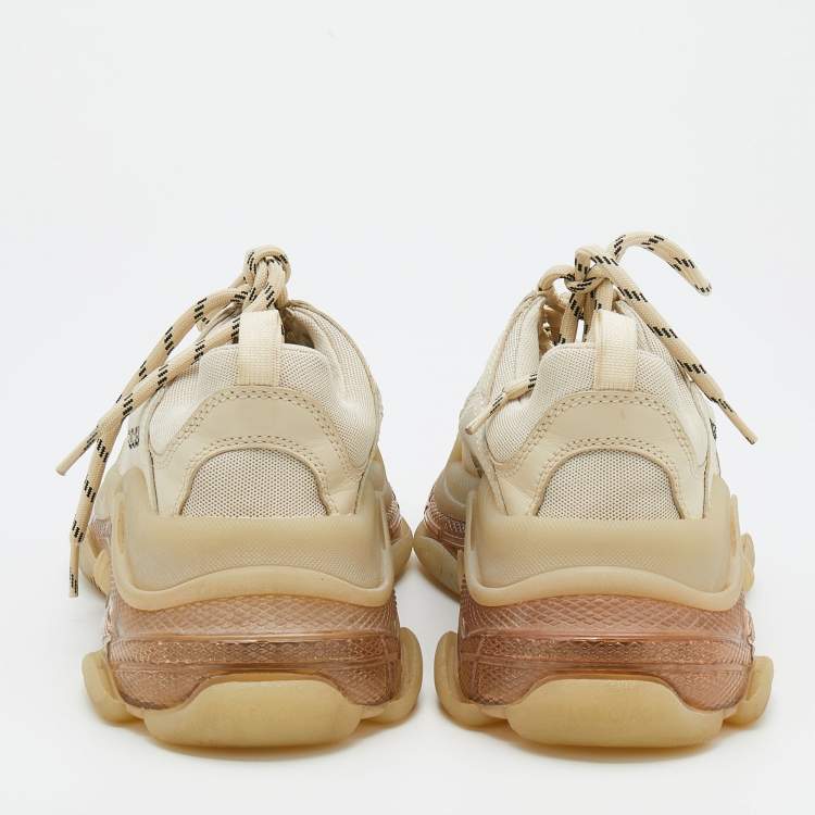 Pre Owned Balenciaga Beige Leather And Mesh Triple S Clear Sole Lace Up Sneakers Size 40