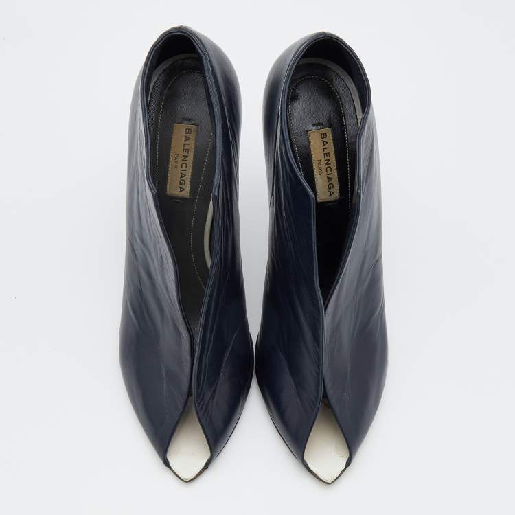 Pre Owned Balenciaga Navy Blue Leather Split Vamp Open Toe Booties Size 39