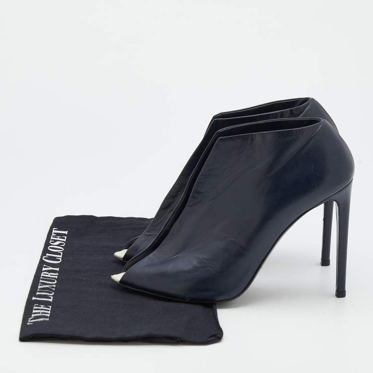 Pre Owned Balenciaga Navy Blue Leather Split Vamp Open Toe Booties Size 39