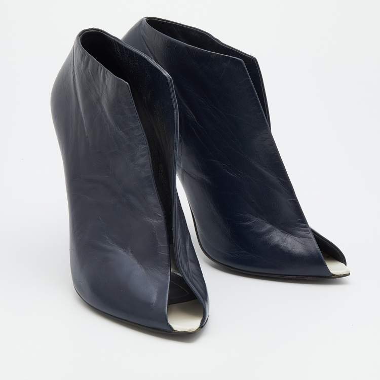 Pre Owned Balenciaga Navy Blue Leather Split Vamp Open Toe Booties Size 39