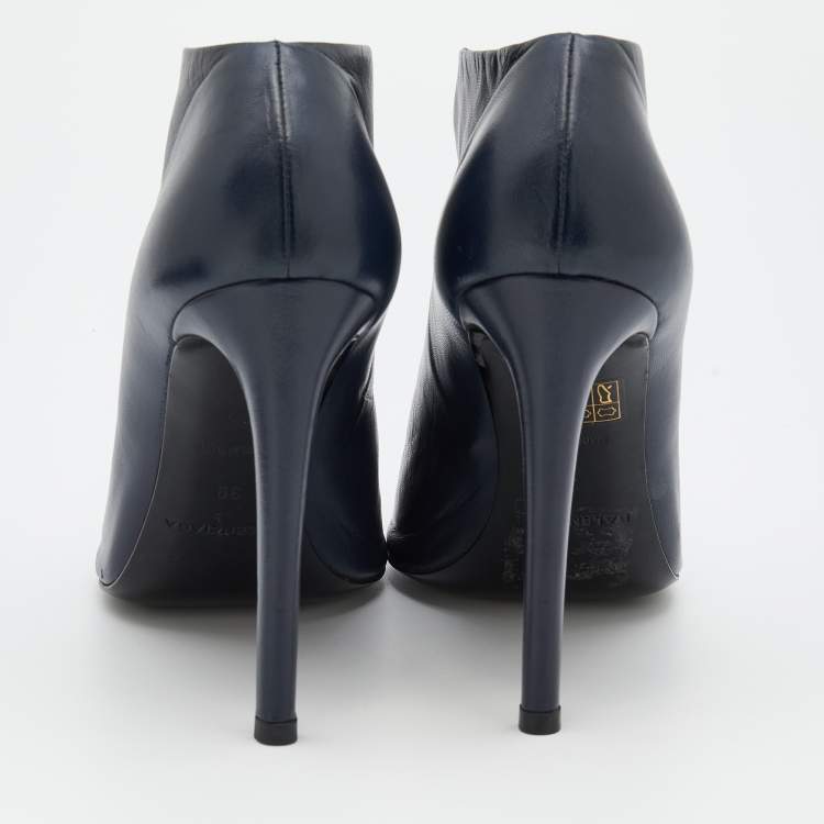 Pre Owned Balenciaga Navy Blue Leather Split Vamp Open Toe Booties Size 39
