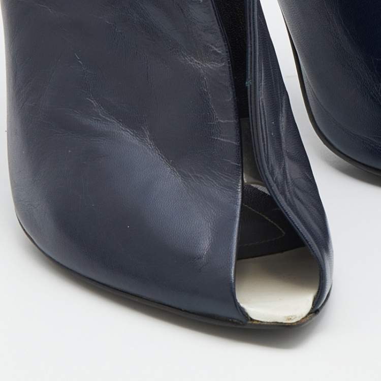 Pre Owned Balenciaga Navy Blue Leather Split Vamp Open Toe Booties Size 39