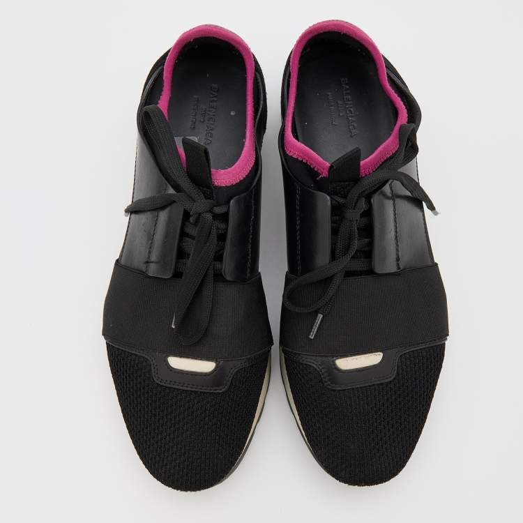 Pre Owned Balenciaga Black Mesh,Leather and Suede Race Runner Low Top Sneakers Size 38